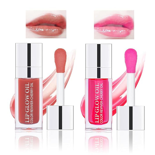 2PCS Lip Oil Set, Hydrating Lip Glow Oil Lip Plumper Gloss, Tinted Lip Oils Transparent Long Lasting Non-sticky Lip Gloss, Plumping Lip Gloss Lip Care Kit (Rosewood & Cherry)-FemmiqueWomen