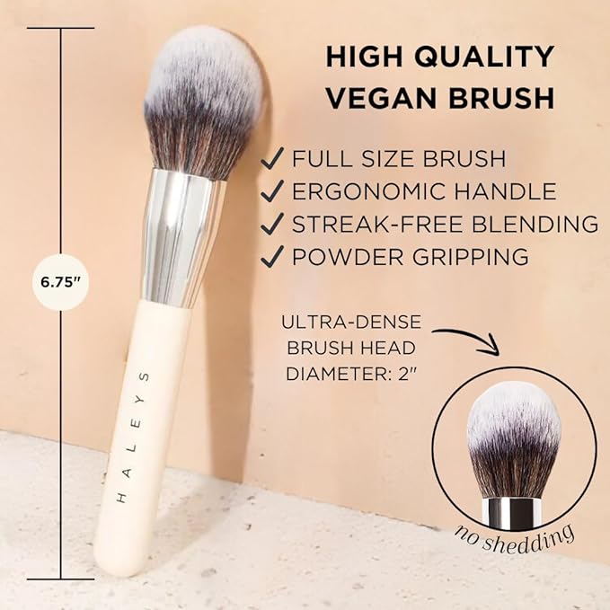 HALEYS Powder Brush VEGAN+CRUELTY-FREE, Soft, Streak-free, Perfect Blending, Buff, Blurs, Smooths, Control, Precision, Complexion tools, For powder, setting powder, blush, Sustainable Wood Handle-FemmiqueWomen