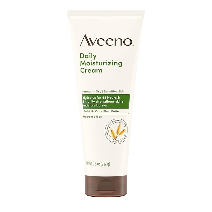 Aveeno Daily Moisturizing Cream with Prebiotic Oat & Shea Butter, Body, Face & Hand Cream for Normal to Dry, Sensitive Skin Hydrates for 48 Hours, Fragrance Free & Non-Comedogenic, 7.5 oz-FemmiqueWomen