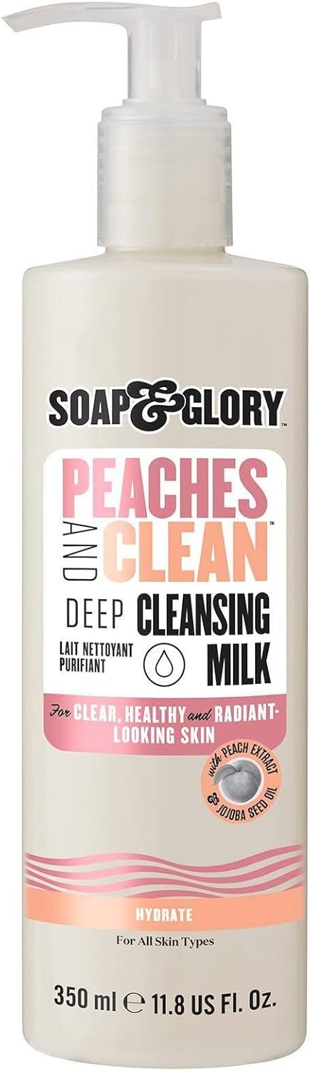 Soap & Glory Peaches & Clean Deep Cleansing Milk - 4 in 1 Milk Cleanser & Makeup Remover with Peach Extract, Ginseng & Jojoba Oil - Hydrating Facial Cleanser for Clarified & Energized Skin (350ml)-FemmiqueWomen