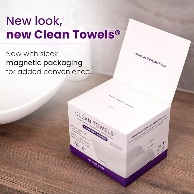 Clean Skin Club Clean Towels XL Healthy Aging™, Smooths Fine Lines Wrinkles & Texture In 6 Weeks, Treated for Extra Softness, Disposable Face Towels, Anti Aging Makeup Remover Dry Wipe (50 Ct, 1 Pack)-FemmiqueWomen