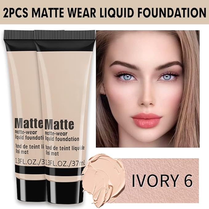 2 Pack Liquid Foundation Cream for Face Makeup,Durable Full Coverage Matte Concealer Make Up,Oil Control & Waterproof Base Primer -1+1 Fl.Oz (IVORY 6#)-FemmiqueWomen