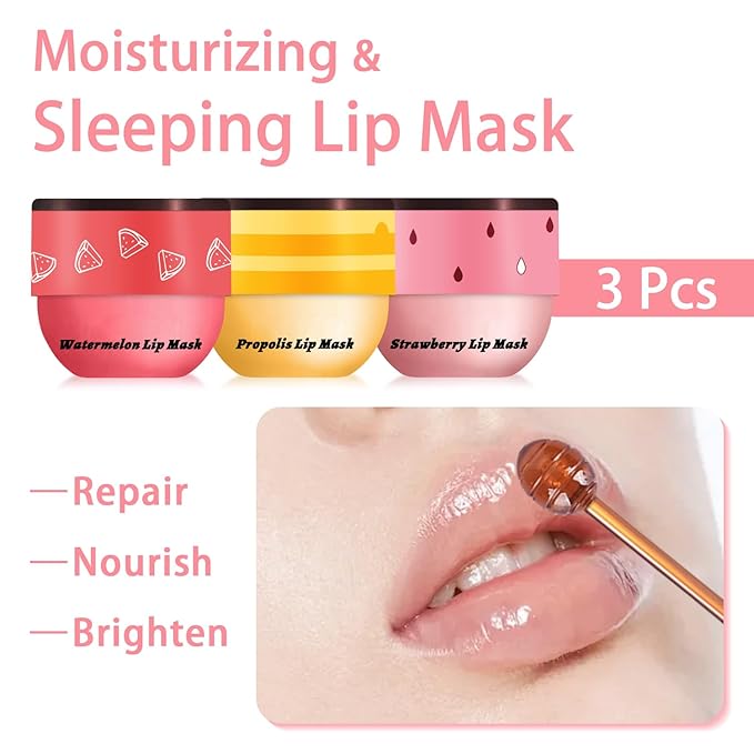 3 Pcs Bee Lip Balm Honey Pot, Honey Strawberry Watermelon Lip Mask Overnight, Moisturizing Sleeping Lip Mask, Hydrate Repair Prevent Dry Cracked Lip Care (Honey+Strawberry+Watermelon)-FemmiqueWomen