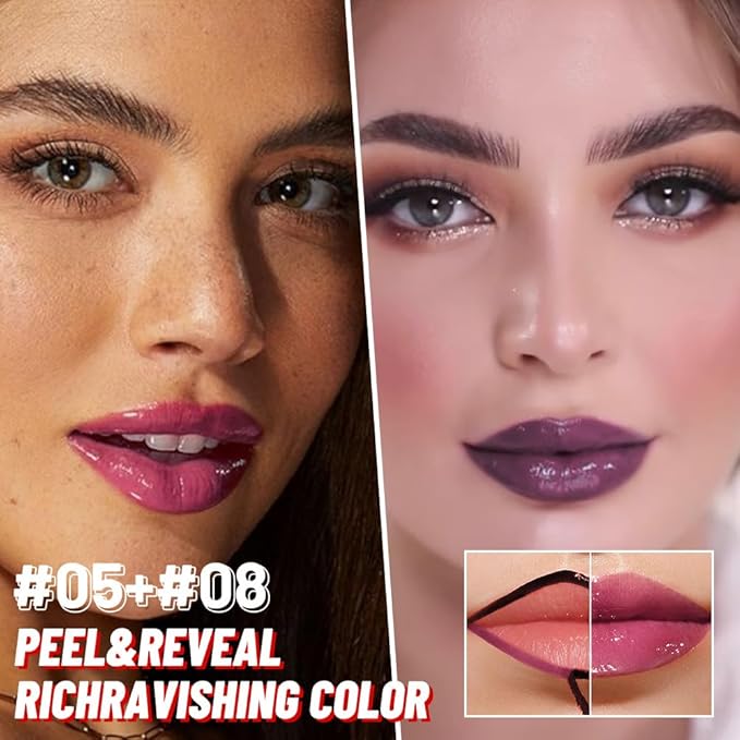 2Pcs Lip Stain Peel Off Lip Gloss oil Dual-Ended Combo, Lips Liner Stain Peel Off Masque, Long Lasting & Waterproof, Transfer-Proof Lip Tint Stain with Lip oil for All Skin Type 05#+08#-FemmiqueWomen