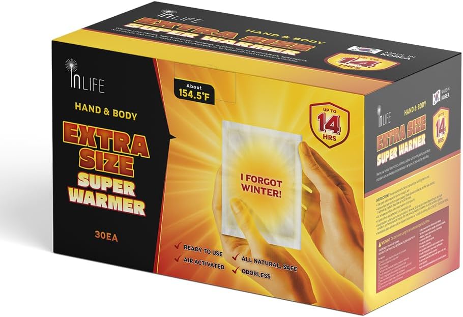 InLife Extra Size Super Warmer for Hands and Body, All Natural & Safe, Bigger & Wider Area Covered, Higher Heating 145°F, Air Activated, Easy & Comfort, Steady Longer Lasting, Odorless, 30 Packs-FemmiqueWomen