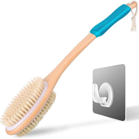 Long Handle Ergonomically Back Scrubber/Brush for Shower, Double Sided Exfoliating Body Scrubber for Women and Men (Light Blue)