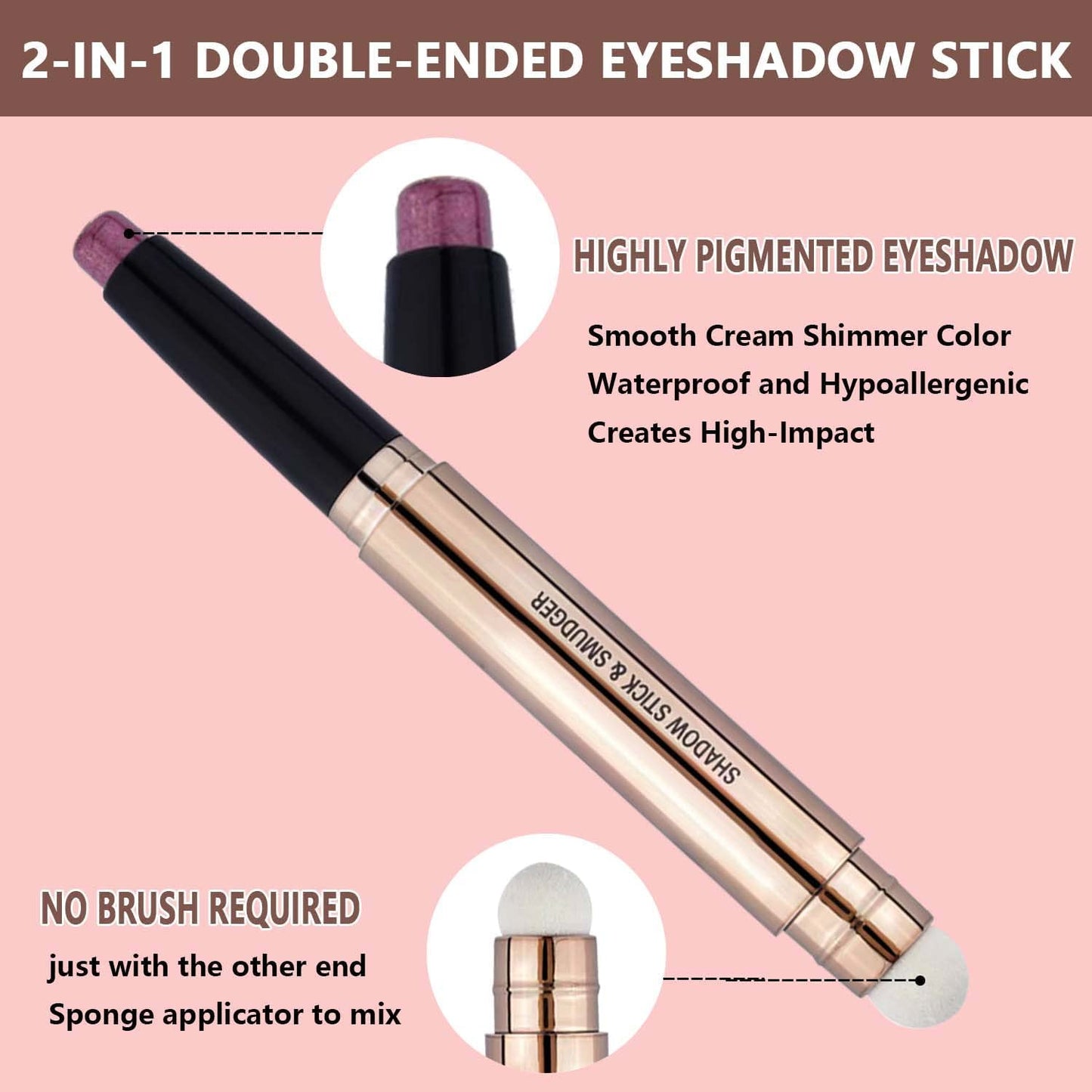 2 in 1 brown Eyeshadow stick and Sponge Makeup Brush, Smooth Cream Shimmer Shadow Pencil Long Lasting Waterproof Eye Shadow Highlighter Stick Makeup , Hypoallergenic Eyeshadow, Highlighter Eye Liner-FemmiqueWomen
