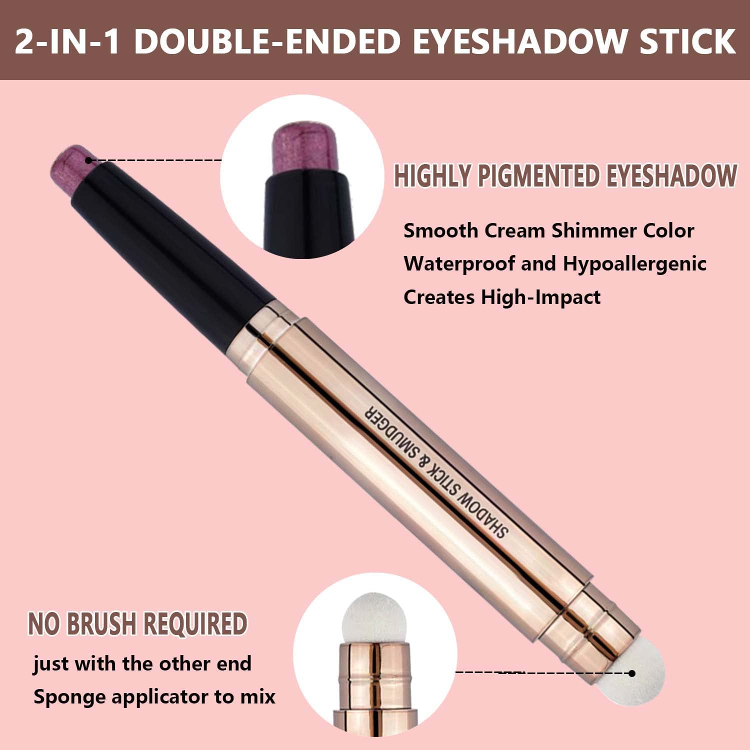 2 in 1 brown Eyeshadow stick and Sponge Makeup Brush, Smooth Cream Shimmer Shadow Pencil Long Lasting Waterproof Eye Shadow Highlighter Stick Makeup , Hypoallergenic Eyeshadow, Highlighter Eye Liner-FemmiqueWomen