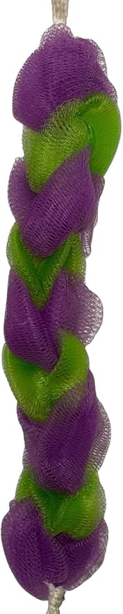 Long Reach Nylon Mesh Elastic Dual-Color Bathing Sponge for Soft Sensitive Skin (Lime-Purple)
