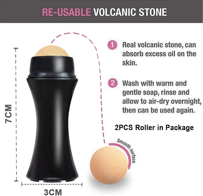 2Pcs Volcanic Face Roller Oil Control On The Go Oil-Absorbing Blotting Tool Natural Volcanic Roller Stone Ball (Black and White)-FemmiqueWomen