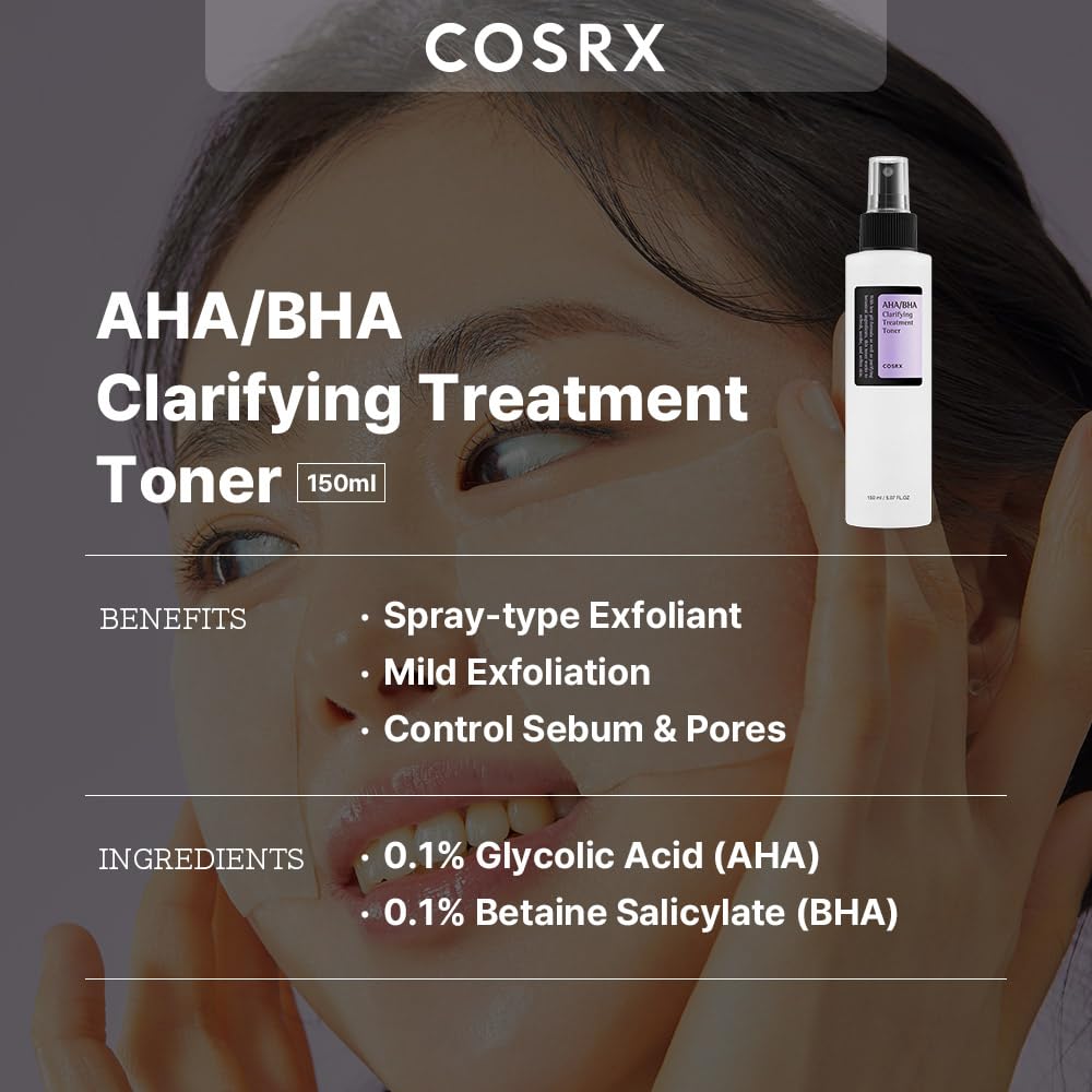 COSRX AHA/BHA Treatment Toner 5.07 fl.oz/ 150ml, Facial Exfoliating Spray for Whiteheads, Pores, & Uneven Skin, Korean Toner, Not Tested on Animals, No Parabens, No Sulfates, Korean Skin Care-FemmiqueWomen