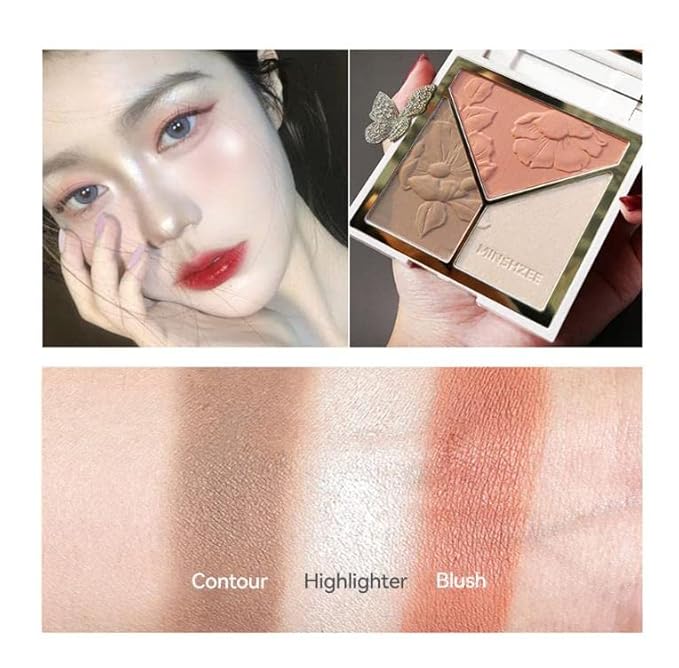 3-in-1 Highlighter Makeup Palette – Contour, Blush & Glow Kit with Matte & Shimmer Finish – Silky Pressed Powder for Face, Cheekbones, Eyes – Long-Lasting, Waterproof, Cool Toned, Travel-Friendly-FemmiqueWomen