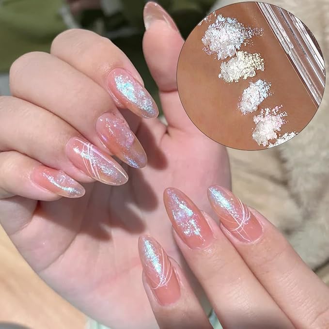 Iridescent Nail Glitter Set, 6 Colors Mud Texture Aurora Chrome Powder, Pink Blue Pearlescent Glitter, Chameleon Nail Flakes Gold Leaf, Holographic Manicure Decor-FemmiqueWomen