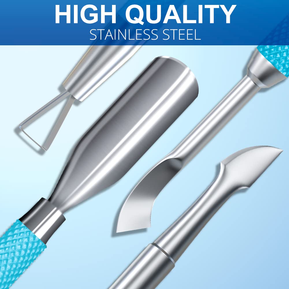 2PCS MetalTurquoise/Lake Blue Cuticle Pusher and Cutter Remover Salon Quality Stainless Steel Gel Nail Polish Peeler Scraper Durable Manicure and Pedicure Cleaner Tool For Fingernail and Toenail-FemmiqueWomen