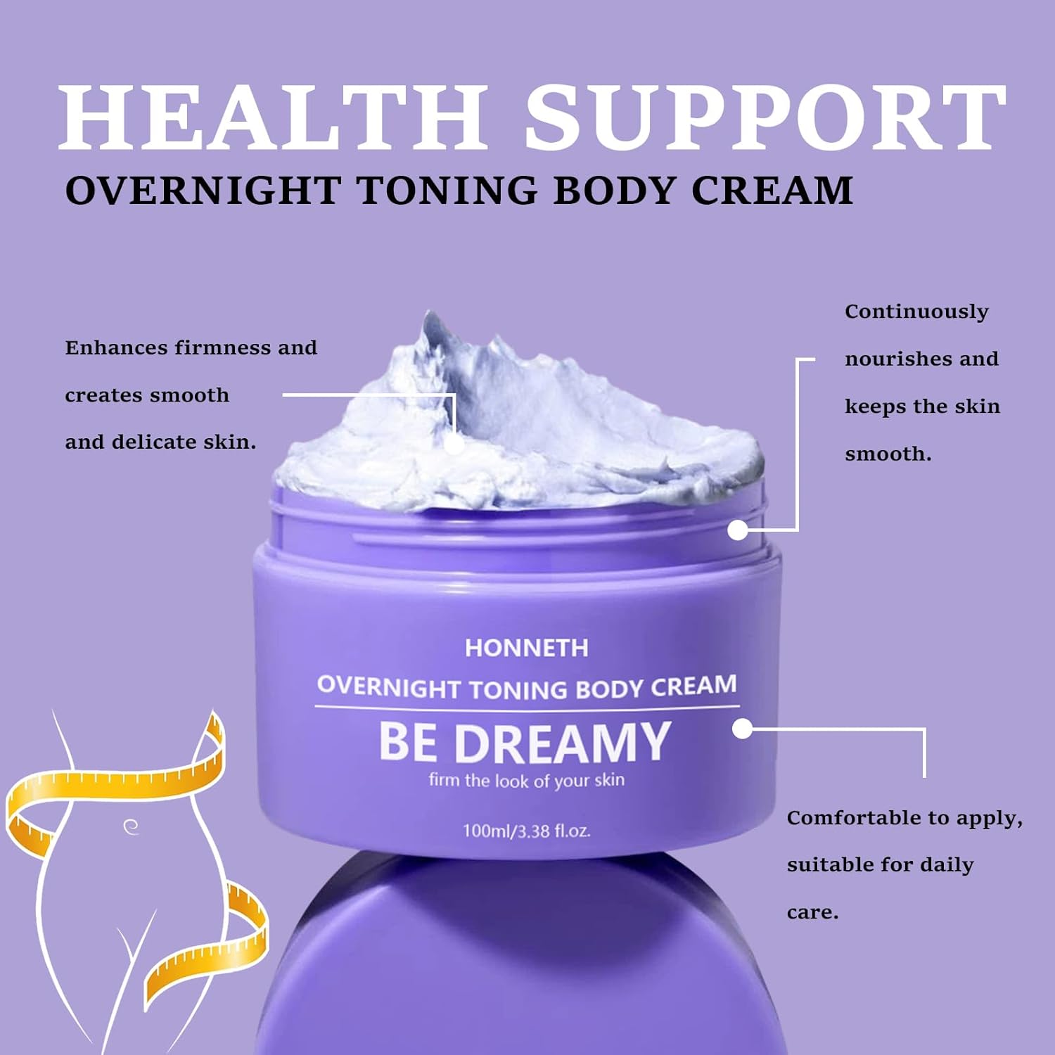 Honneth BE-DREAMY Overnight Toning Whip Body Firming Cream for Legs, Stomach, Arms, with Milk Thistle & Passion Fruit Seed Oil, Targets Loose Skin, 3.38 oz-FemmiqueWomen