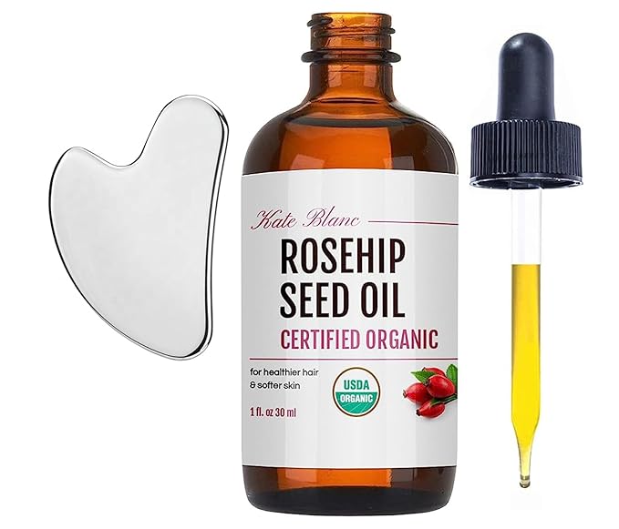 Kate Blanc Cosmetics Rosehip Oil for Face with Stainless Gua Sha (1oz, Organic, Pure, Cold Pressed) Rosehip Seed Face Oil for Gua Sha Massage-FemmiqueWomen