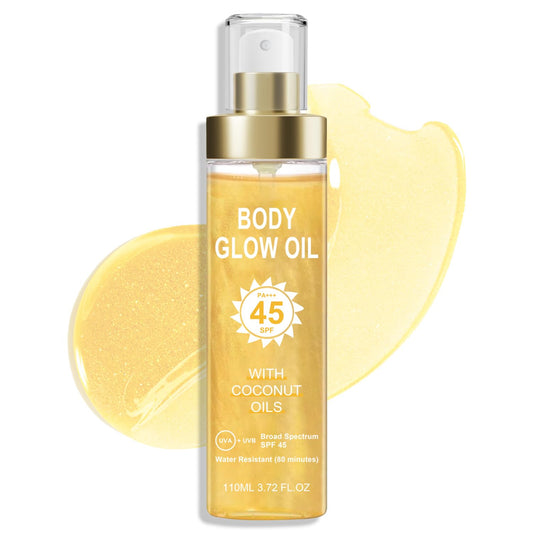 Body Glow Oil, Sunscreen Shimmer Oil, SPF 45 Broad Spectrum, Body Oil with with Coconut Oils, Moisturizing Glow for Face & Body, Liquid Illuminator Highlighter, Water Resistant, 3.72 fl oz (#1 GOLD)-FemmiqueWomen