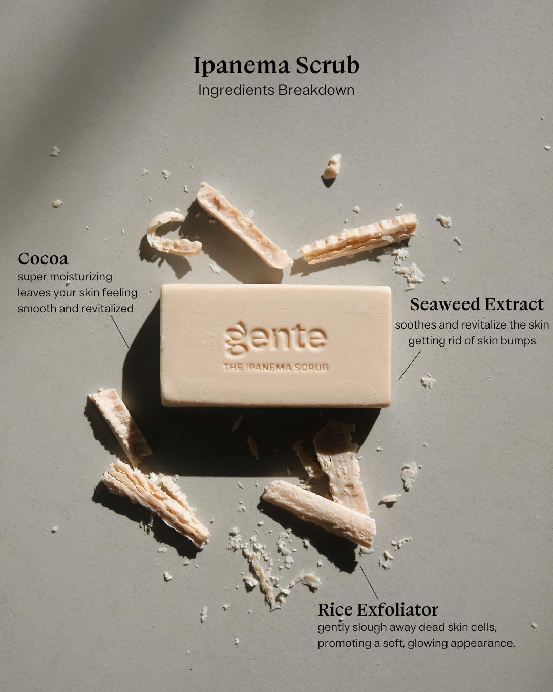 Gente Beauty The Ipanema Scrub Exfoliating Bar Soap – Gentle Cocoa & Rice Scrub for Smooth, Glowing Skin | Natural Ingredients for Daily Use - 4.5 oz-FemmiqueWomen