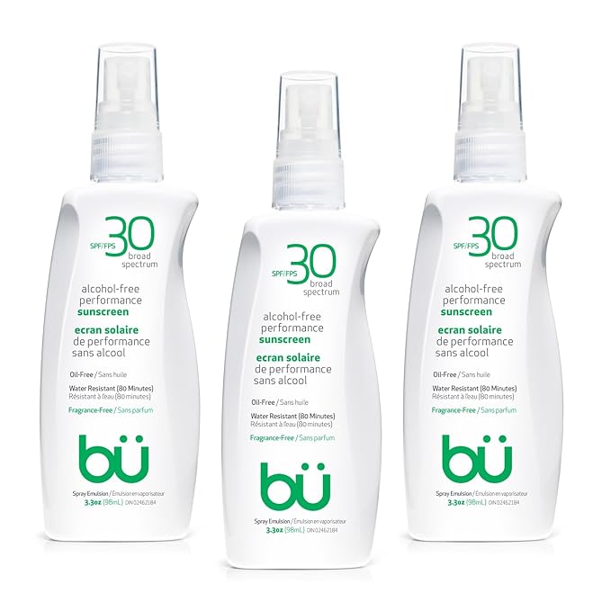 BU SPF 30 Sunscreen Spray for Face and Body, Fragrance Free, TSA Travel Size Sunscreen, Clear, Non Greasy, Water Resistant, for Sensitive Skin, 3.3 oz (3 Pack)-FemmiqueWomen