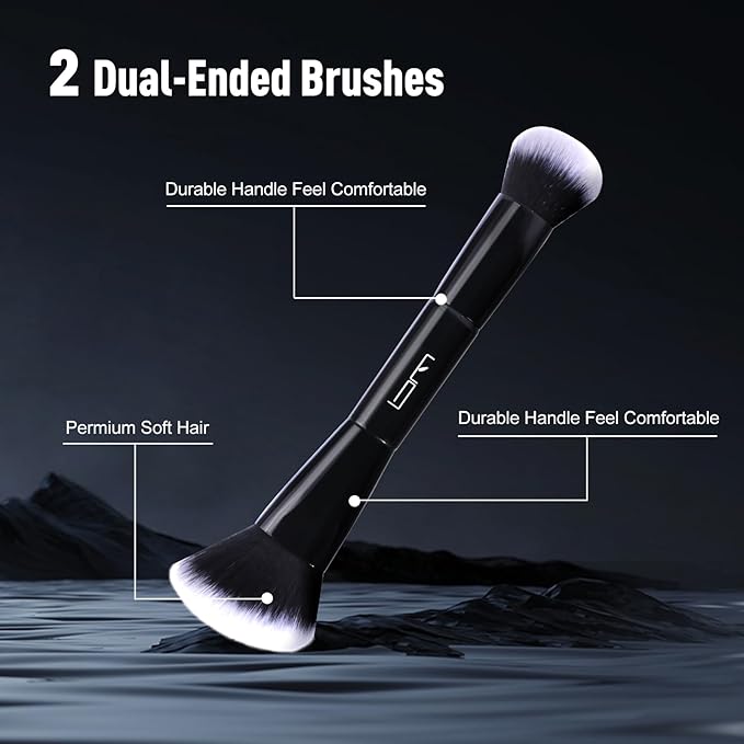 2Pcs Duo End Makeup Brushes, Foundation, Powder, Contour, Concealer, eye makeup Brush, Double-ended Multi-functional Synthetic Cosmetic Tools Makeup Brushes(Black)-FemmiqueWomen