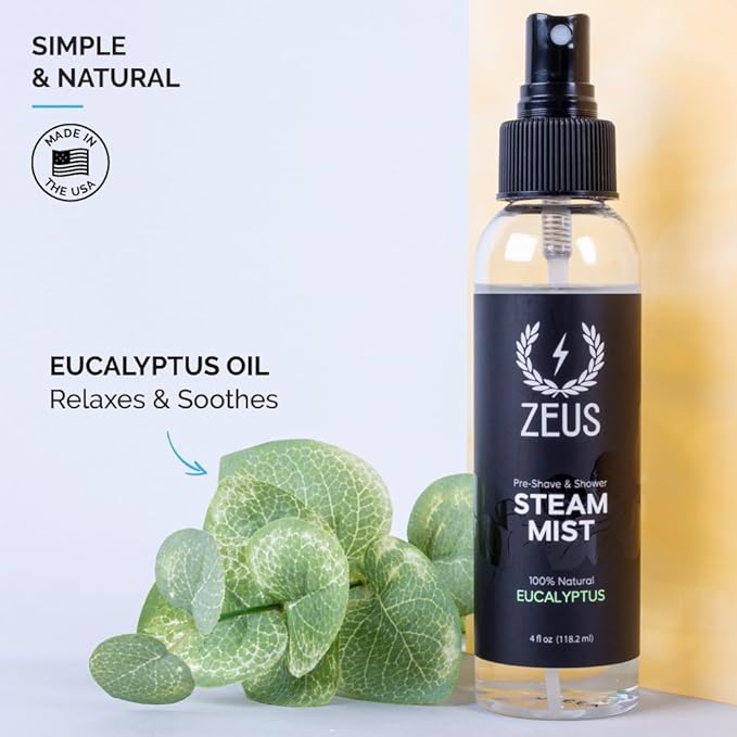 ZEUS 100% Natural Eucalyptus Oil Steam Mist, Aromatherapy Spray for Shower, Sauna, Bath & Pre-Shave, Nasal Relief & Spa-Inspired Refreshment (Made in USA) 4 oz.-FemmiqueWomen