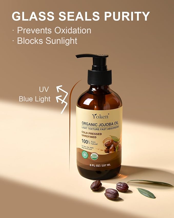 Yoken Organic Jojoba Oil Glass Bottle 8 fl oz, USDA Certified 100% Pure & Natural Jojoba Oil for Hair, Skin & Face, Cold Pressed Unrefined Hexane Free, Deeply Moisturizing Body Serum Oils for Gua Sha-FemmiqueWomen