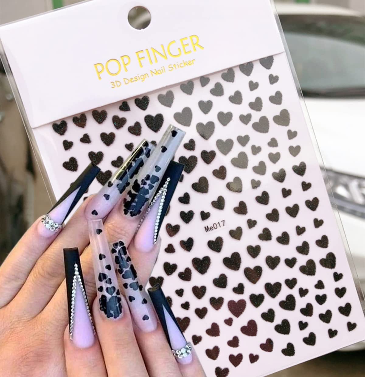 10 Sheets Heart Nail Stickers - 3D Self-Adhesive Valentine's Day Nail Art Stickers - Shiny Love Heart Nail Decals - Gold, Silver, Black-FemmiqueWomen