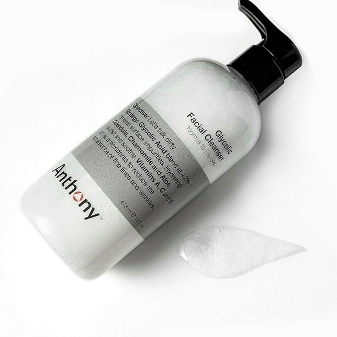 Anthony Glycolic Facial Cleanser for Men, Daily Exfoliating & Hydrating Face Wash, Shave Prep, Non-Foaming, Deep Cleansing, Gentle on Sensitive Skin, Removes Dirt & Oil, Smooths Texture, 16 Fl Oz-FemmiqueWomen