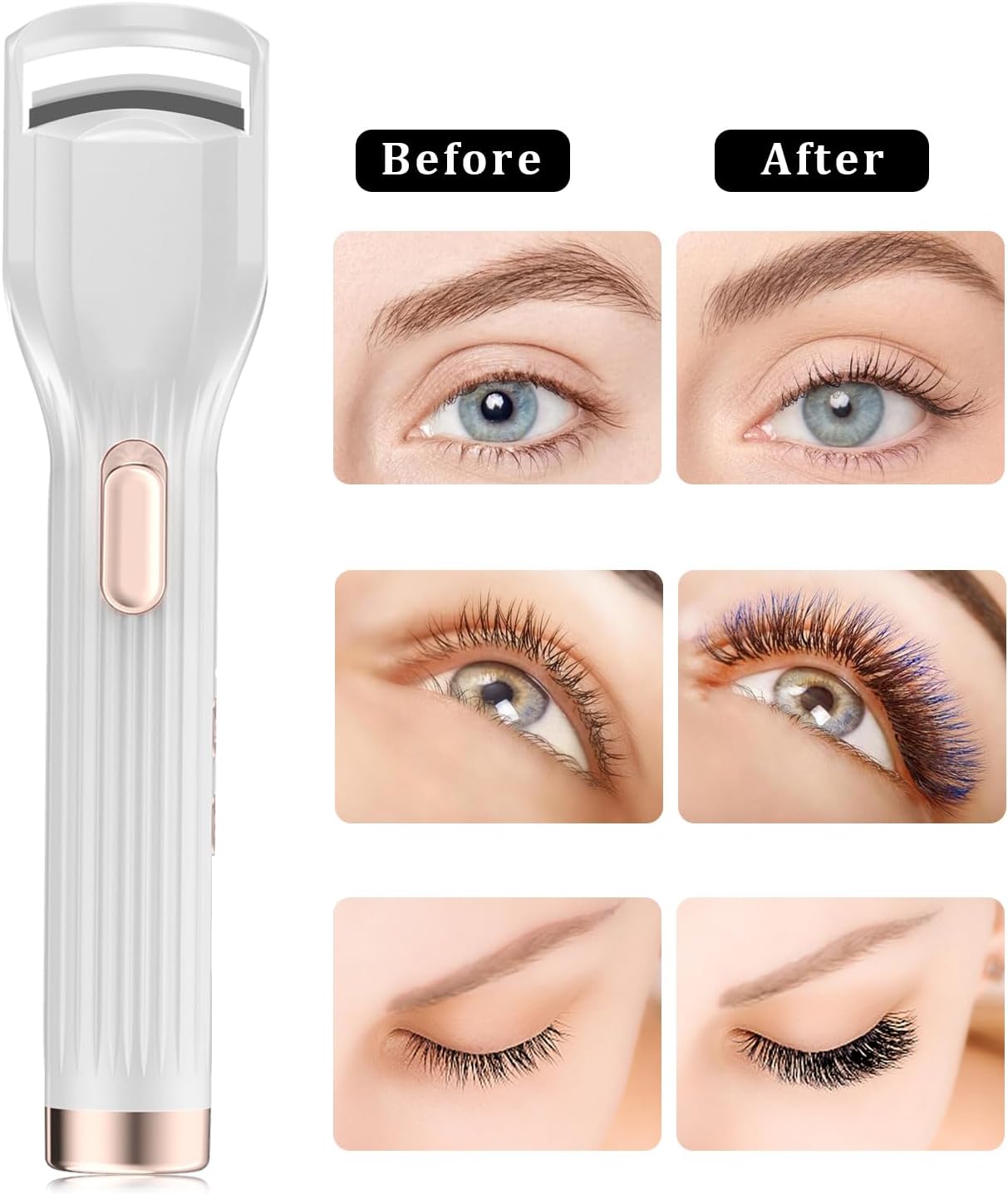 Heated Eyelash Curler Premium PRO - Fast Heat up in 8s - 24 Hours Long Lasting - Rechargeable Electric Eyelash Curler with Type-C, 2 Heat Modes, Anti-Burn Eyelid, Gift for Women Girls, White-AB-FemmiqueWomen