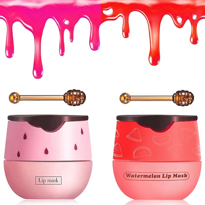 2 PCS Bee Lip Balm Honey Pot, Watermelon & Strawberry Sleeping Lip Mask Overnight, Hydrating Prevention Dry and Cracked Lip Scrub, Reduces Lip Lines, Brightening Lip Color-FemmiqueWomen