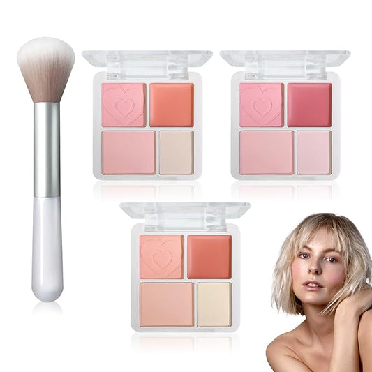 3Pcs 4 Colors Blush Palette,Matte Contour Makeup Blush for Cheeks,Waterproofing Highly Pigmented Face Cheek Blusher with Make Up Brush A11-FemmiqueWomen
