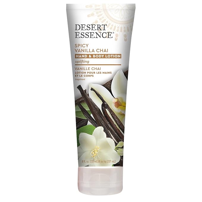 Desert Essence Spicy Vanilla Chai Hand & Body Lotion, Uplifting, Smoothes & Softens Skin, No Greasy Residue, Aloe Vera, Shea Butter, Vitamin E, 8 Fl Oz-FemmiqueWomen