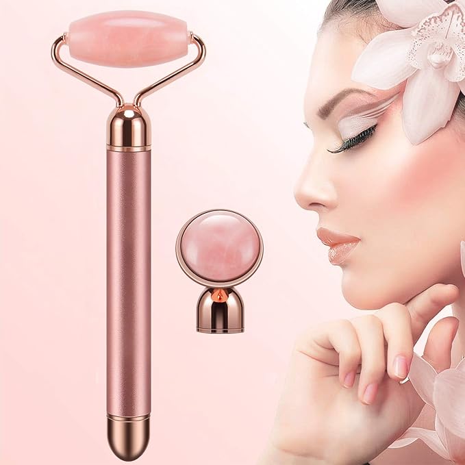 2-IN-1 Electric Jade Roller Massager Facial Roller & Face Massager, Rose Quartz-FemmiqueWomen