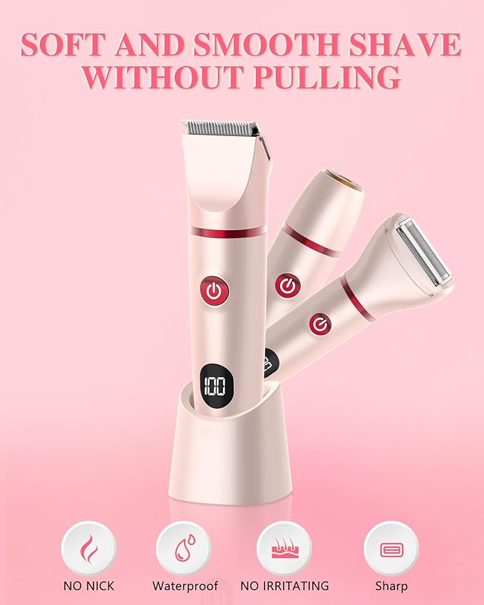 3-in-1 Bikini Trimmer for Women, Electric Razors Shaver for Public Hair - Rechargeable Body Hair Trimmer, Portable Detachable Removal Kit, lPX7 Waterproof Lightweight with LED Display, Gift for Women-FemmiqueWomen