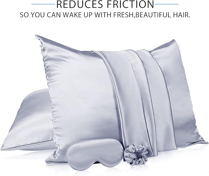 2 Pack Satin Pillowcase with Latent Zipper, Adjustable Satin Eye Mask for Sleeping and Satin Volume Scrunchie for Hair and Skin, Standard Size (Silver,Classic Style)-FemmiqueWomen