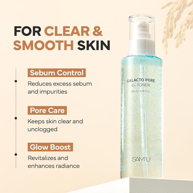 SAM'U Galacto Pore O2 Toner, Exfoliating & Pore-Tightening, Oxygen Bubble Galactomyces Toner, Hydrating for Sebum Control & Suitable for All Skin Types, Korean Toners, 6.08 Fl. Oz-FemmiqueWomen