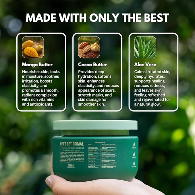 PRIMALS All Natural Body Lotion - Cocoa Butter & Mango Butter - 100% Naturally Derived Ingredients - Alcohol Free, Artificial Fragrance Free, Paraben Free, Petroleum Derivative Free - 8.45 oz-FemmiqueWomen