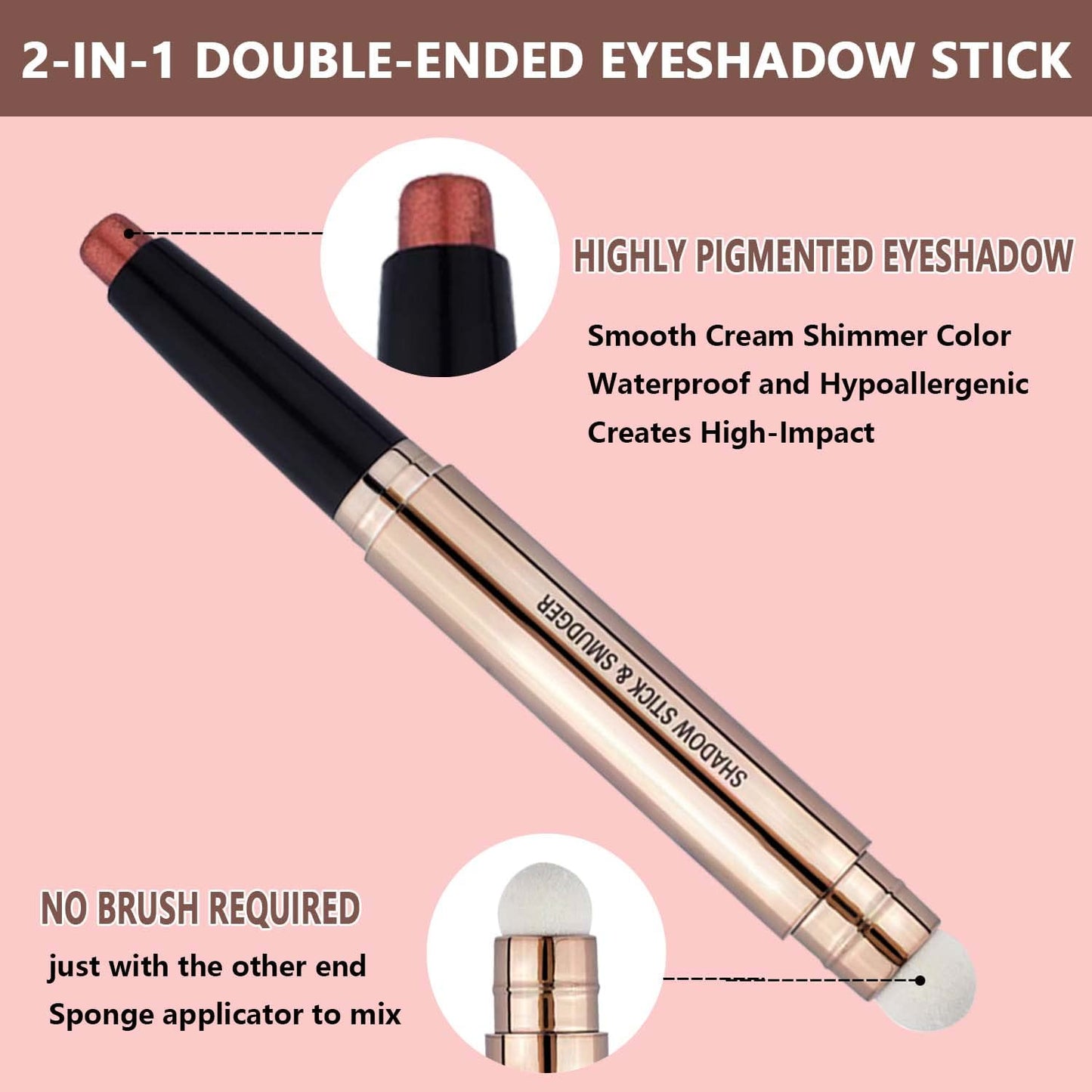 2 in 1 eyeshadow stick and Sponge Makeup Brush, Smooth Cream Shimmer Shadow Pencil Long Lasting Waterproof Eye Shadow Highlighter Stick Makeup, Hypoallergenic Multi-Dimensional eyes Look-FemmiqueWomen