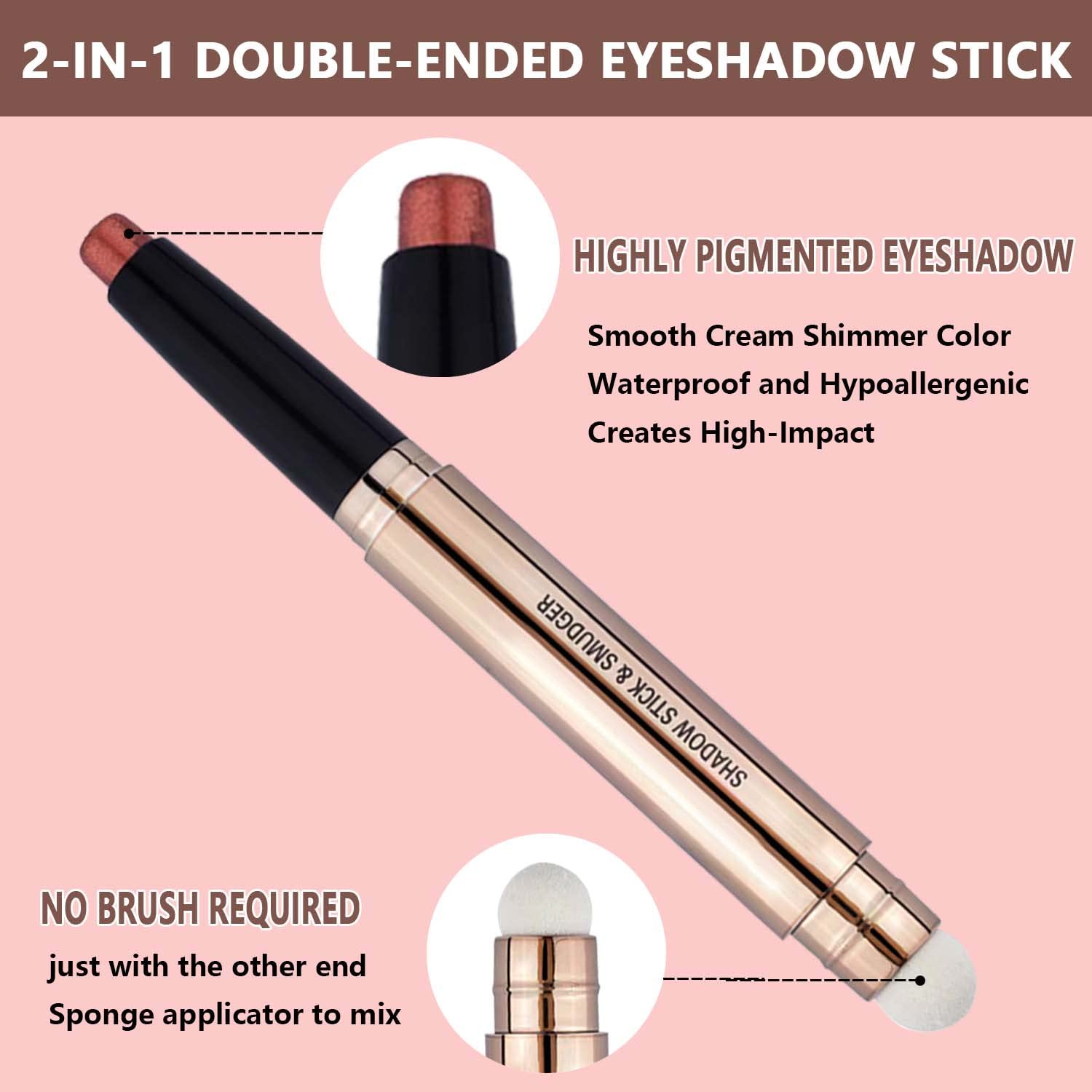2 in 1 eyeshadow stick and Sponge Makeup Brush, Smooth Cream Shimmer Shadow Pencil Long Lasting Waterproof Eye Shadow Highlighter Stick Makeup, Hypoallergenic Multi-Dimensional eyes Look-FemmiqueWomen