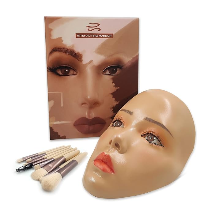3D Makeup Practice Face,Reusable Makeup Mannequin Face with Makeup Brushes Set,Silicone Full Face Practice Eyelash Eye Shadow,for Emerging Makeup Artist,for Girl's Gift-FemmiqueWomen