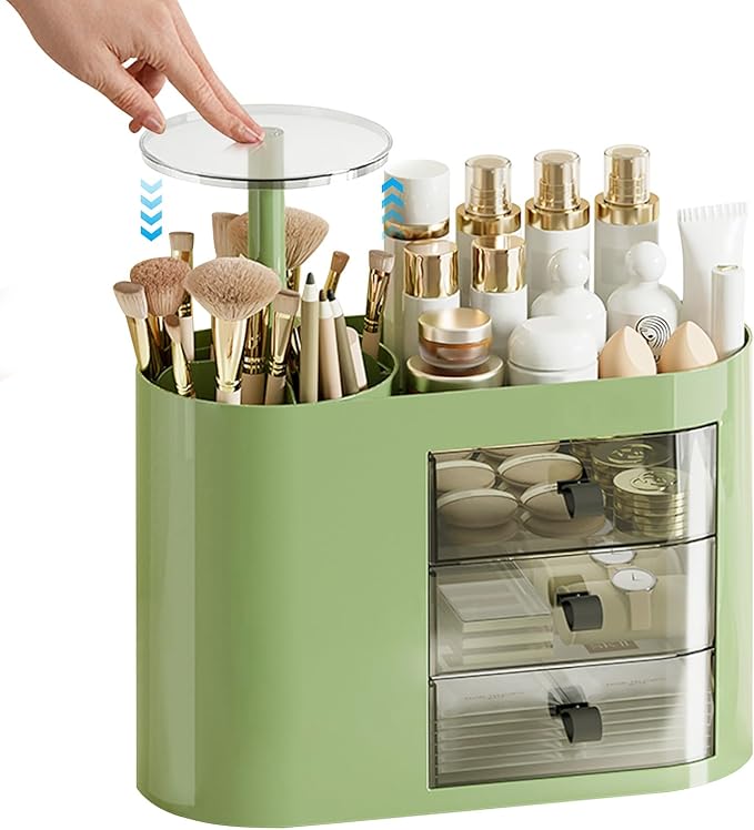 DASITON Makeup Organizer with 3 Drawers,Automatic Lifting Makeup Brush Holder with Lid,Large Capacity Makeup Organizers for Vanity,Bathroom Countertop,Ideal Storage Skin Care,Brushes,Lipstick (Green)-FemmiqueWomen