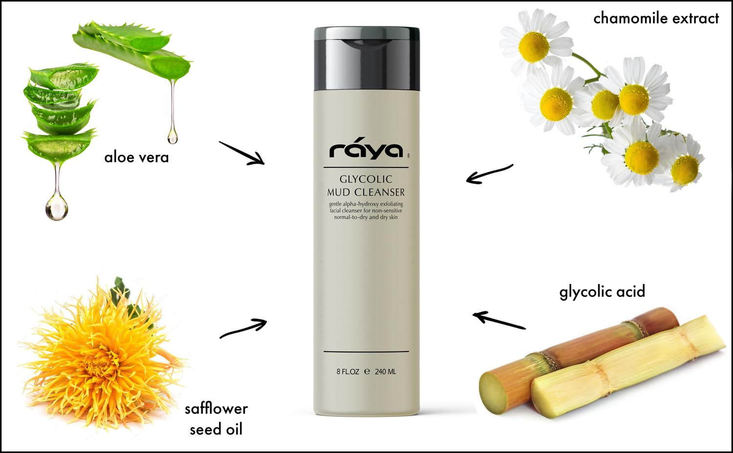 Raya Glycolic Mud Facial Cleanser with AHA 8 oz (G-103) | Exfoliating pH Balanced Facial Cleansing Fluid for Non Sensitive, Dry and Combination Skin | Made with Alpha Hydroxy Acid and Volcanic Mud-FemmiqueWomen