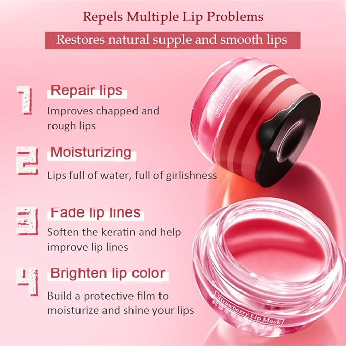 2PCS Strawberry Pot Lip Balm with Brush,Lip Exfoliating Balm Sleeping Lip Mask,Hydrating Prevention Dry and Cracked Lip Scrubs Exfoliato Lip Sleeping Mask Reduces Lip Lines Lip Care Products-FemmiqueWomen