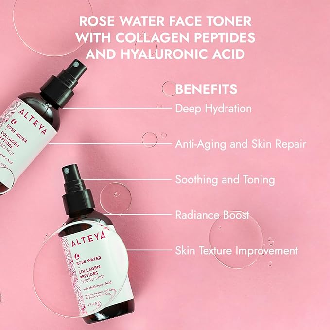 Alteya Organics Rose Water Face Toner – With Collagen Peptides & Hyaluronic Acid – Hydrating Facial Mist for Anti-Aging, Firming & Radiant Skin – 4 Fl Oz / 120mL-FemmiqueWomen