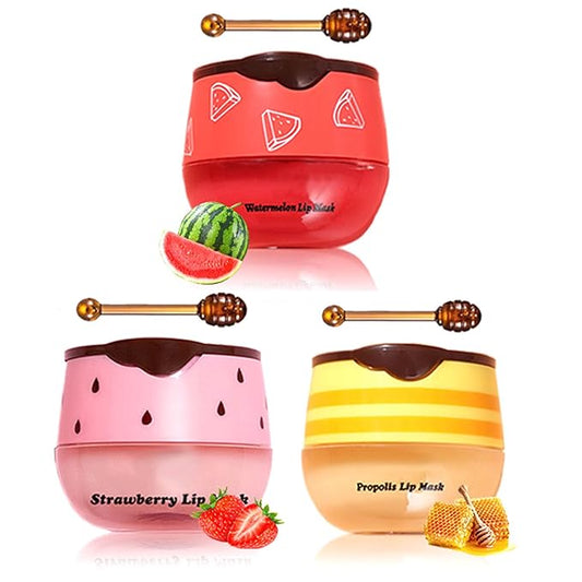 3Pcs Lip Balm Honey Pot, Lip Mask Overnight Lip Balm Hydrating Prevention Dry and Crack Lip Scrubs Exfoliator Lip Wrinkle Care, Beeswax with Vitamin E (3Pcs Honey&Strawberry&Watermelon)-FemmiqueWomen