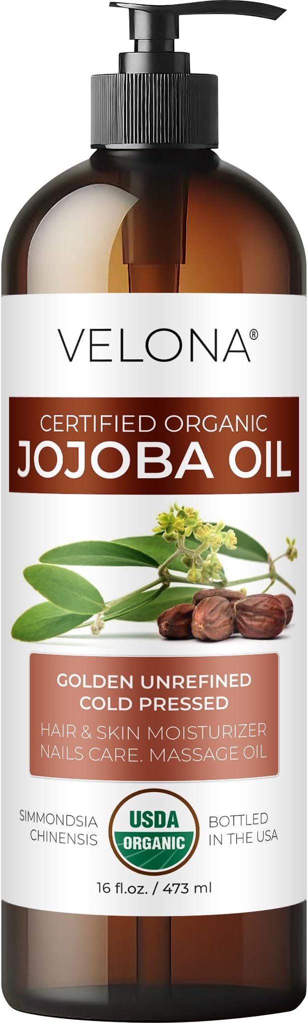 velona Jojoba Oil USDA Certified Organic - 16 fl oz (With Pump) | 100% Pure and Natural | Golden, Unrefined, Cold Pressed, Hexane Free | Moisturizing Face, Hair, Body, Skin Care-FemmiqueWomen