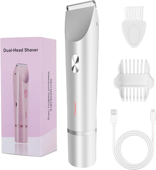 2-in-1 Bikini Trimmer for Women, Bikini Shaver with Dual Heads, Painless Body and Facial Hair Removal, Rechargeable Cordless Electric Razors for Face Chin Pubic Underarm Legs, IPX7 Waterproof, White-FemmiqueWomen