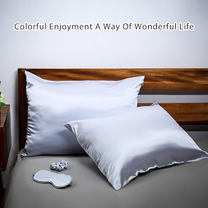 2 Pack Satin Pillowcase with Latent Zipper, Adjustable Satin Eye Mask for Sleeping and Satin Volume Scrunchie for Hair and Skin, Standard Size (Silver,Classic Style)-FemmiqueWomen