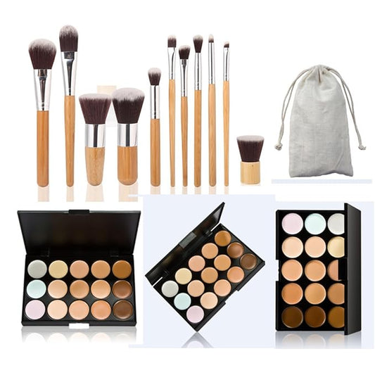 15 Colour Makeup Contour Palette-Cream Concealer Kit,Blemish Face Contouring Highlighter Palette,Professional Base Foundation Beauty Make up Cream+11pcs Makeup Brushs-FemmiqueWomen