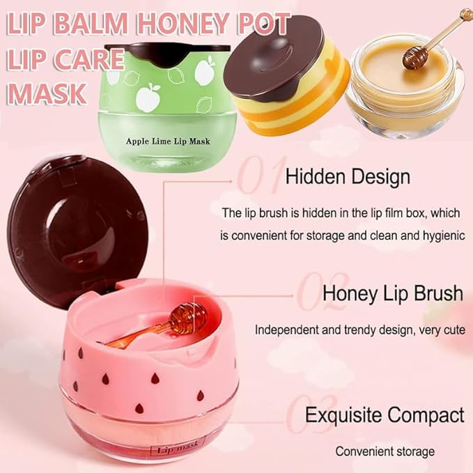 3PCS Bee Lip Balm Honey Pot,Honey&Apple Lime Lip Mask Overnight Moisturizing Lip Balm,Hydrating Prevention Dry and Cracked Reduces Lip Lines Lip Sleeping Mask (Honey+Strawberry+Apple Lime)-FemmiqueWomen